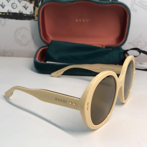 New ✨ Authentic Gucci GG1081S 004 Round Sunglasses – Yellow Frame with Brown Len - Picture 10 of 14